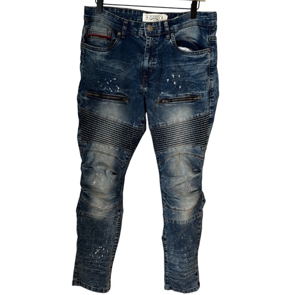 Akademiks Jeanius Men's Blue Stacked Acid Wash Distressed Slim Jeans Y2K 34X30 - Picture 1 of 8